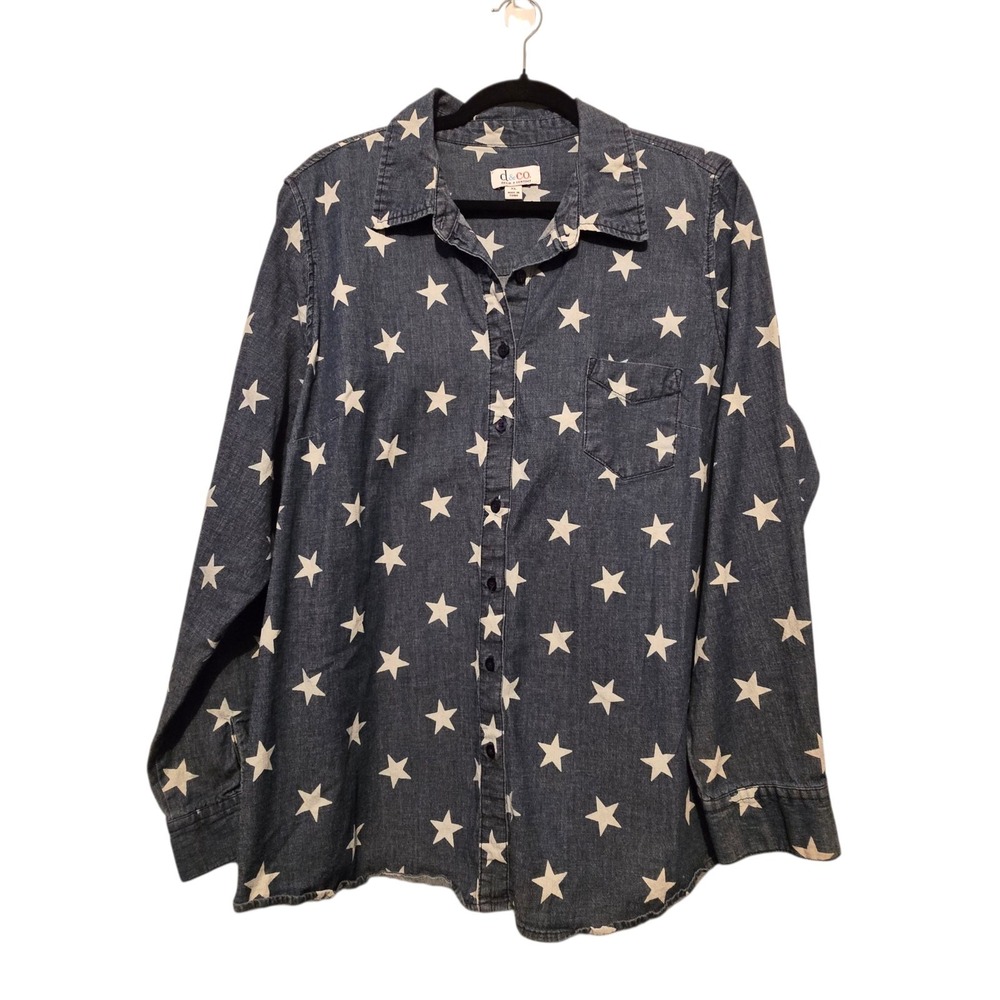 D & CO Denim Stars Shirt Women XL Blue White Patriotic Americana Classic Western